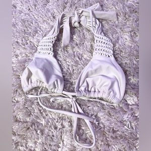 white triangle tie bikini top, knitted straps